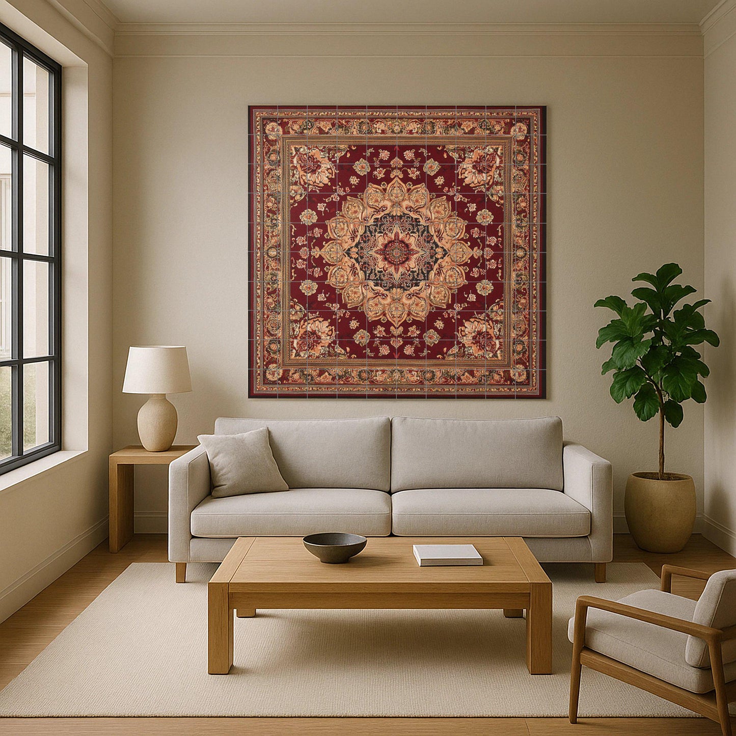 Oriental ceramic mural: floral medallion inspired by Kashan with intense crimson motifs, decorative tile of Persian heritage.