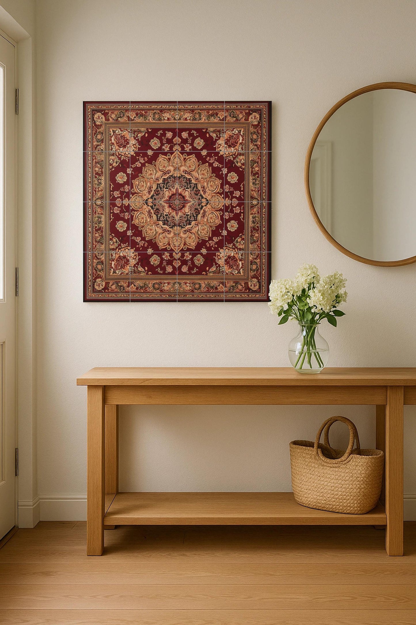 Oriental ceramic mural: floral medallion inspired by Kashan with intense crimson motifs, decorative tile of Persian heritage.