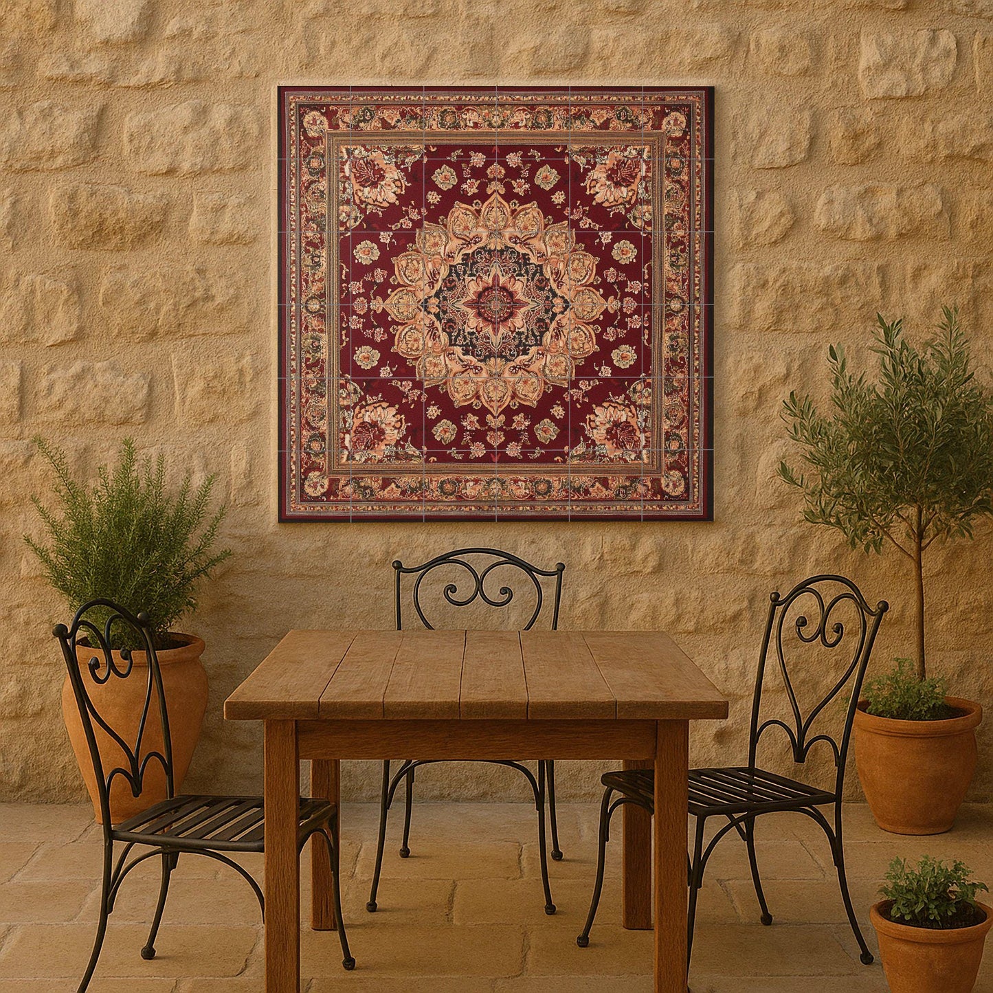 Oriental ceramic mural: floral medallion inspired by Kashan with intense crimson motifs, decorative tile of Persian heritage.