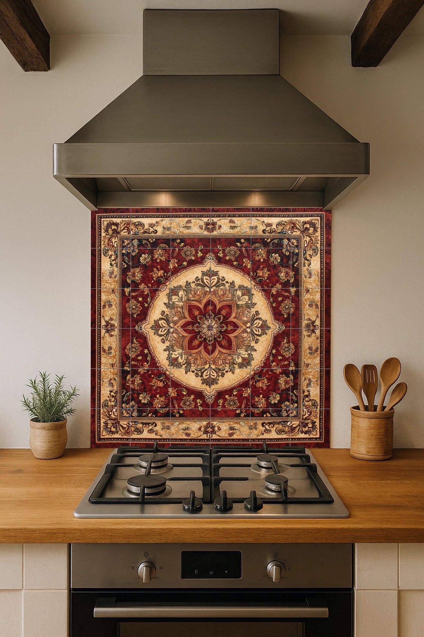 Persian ceramic mural: ornamental floral medallion with motifs inspired by Isfahan and Shiraz, decorative tile design of oriental art.