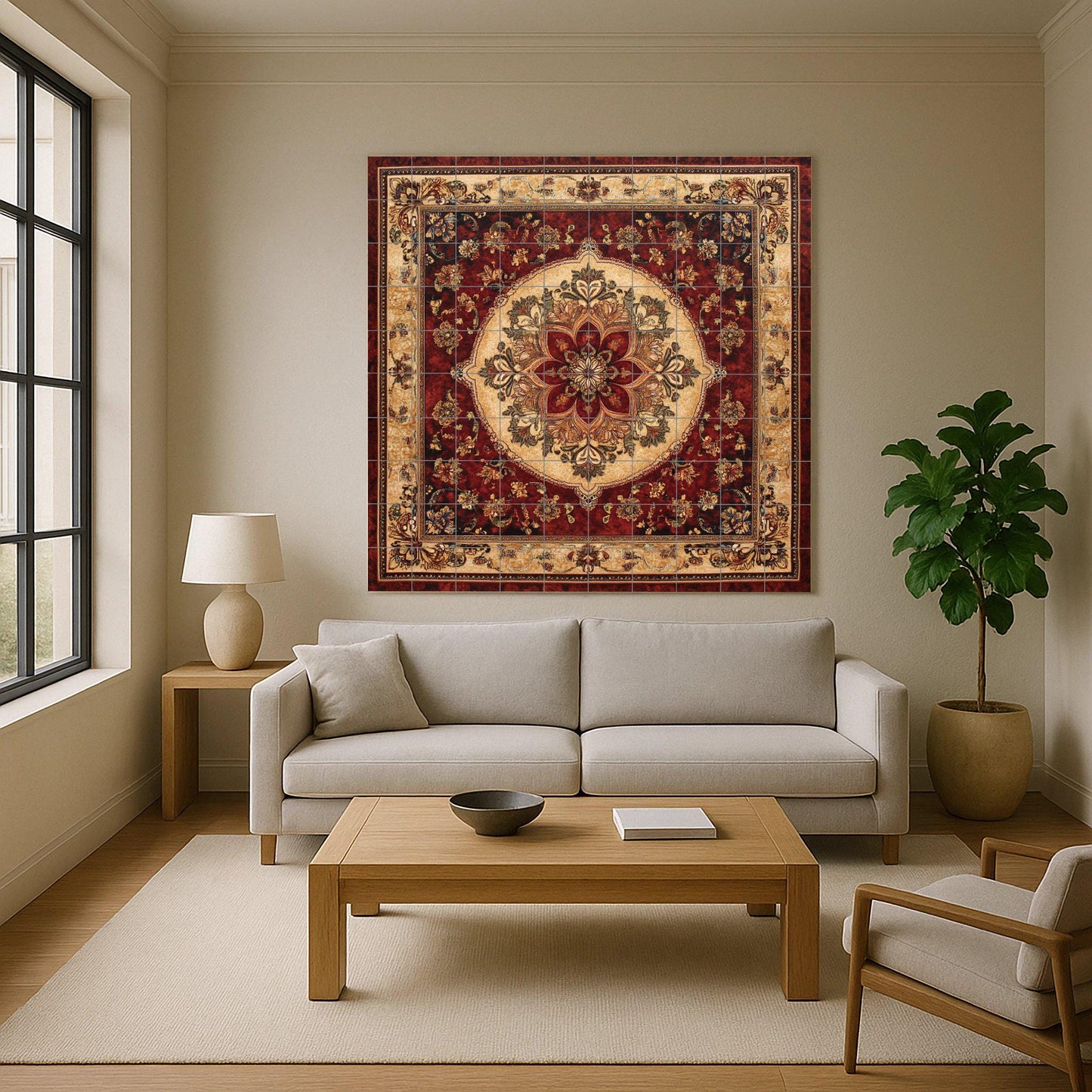 Persian ceramic mural: ornamental floral medallion with motifs inspired by Isfahan and Shiraz, decorative tile design of oriental art.