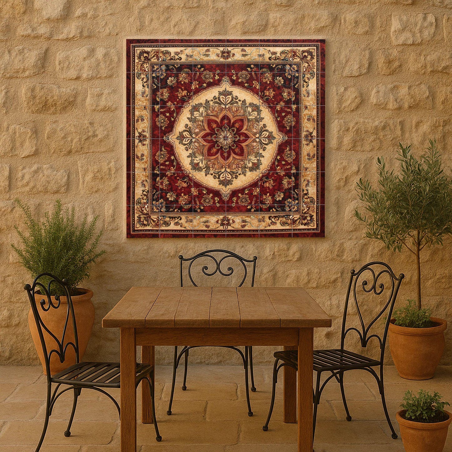 Persian ceramic mural: ornamental floral medallion with motifs inspired by Isfahan and Shiraz, decorative tile design of oriental art.