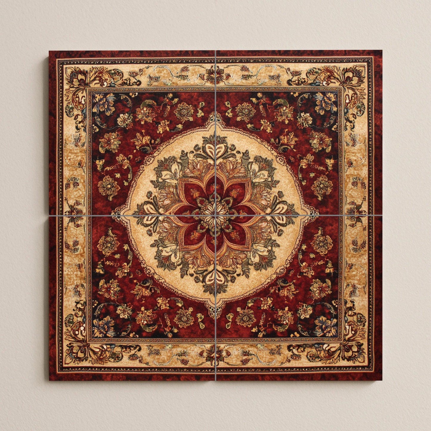 Persian ceramic mural: ornamental floral medallion with motifs inspired by Isfahan and Shiraz, decorative tile design of oriental art.