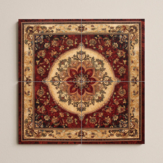 Persian ceramic mural: ornamental floral medallion with motifs inspired by Isfahan and Shiraz, decorative tile design of oriental art.