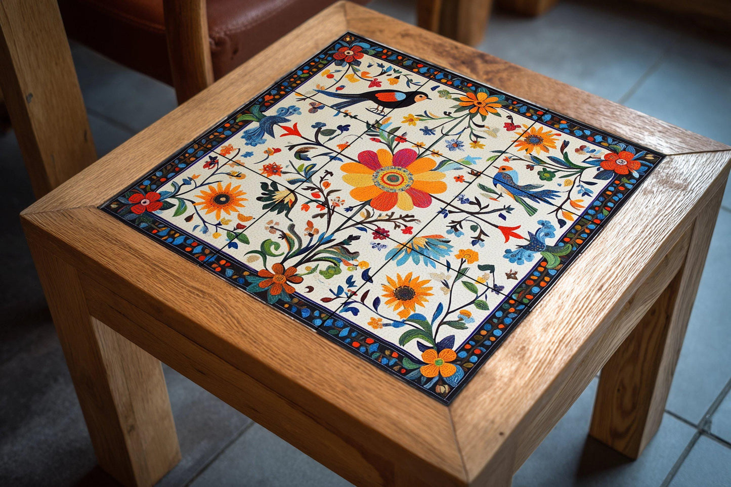 Mural of Polish folk ceramics: floral and bird motifs in the Wycinanki tradition, inspired by the decorative arts of Warsaw and Krakow.