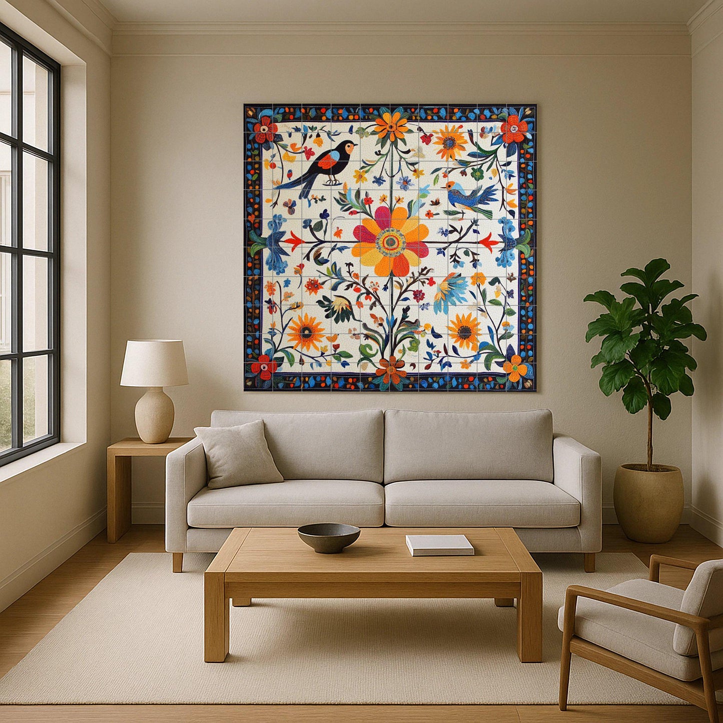 Mural of Polish folk ceramics: floral and bird motifs in the Wycinanki tradition, inspired by the decorative arts of Warsaw and Krakow.