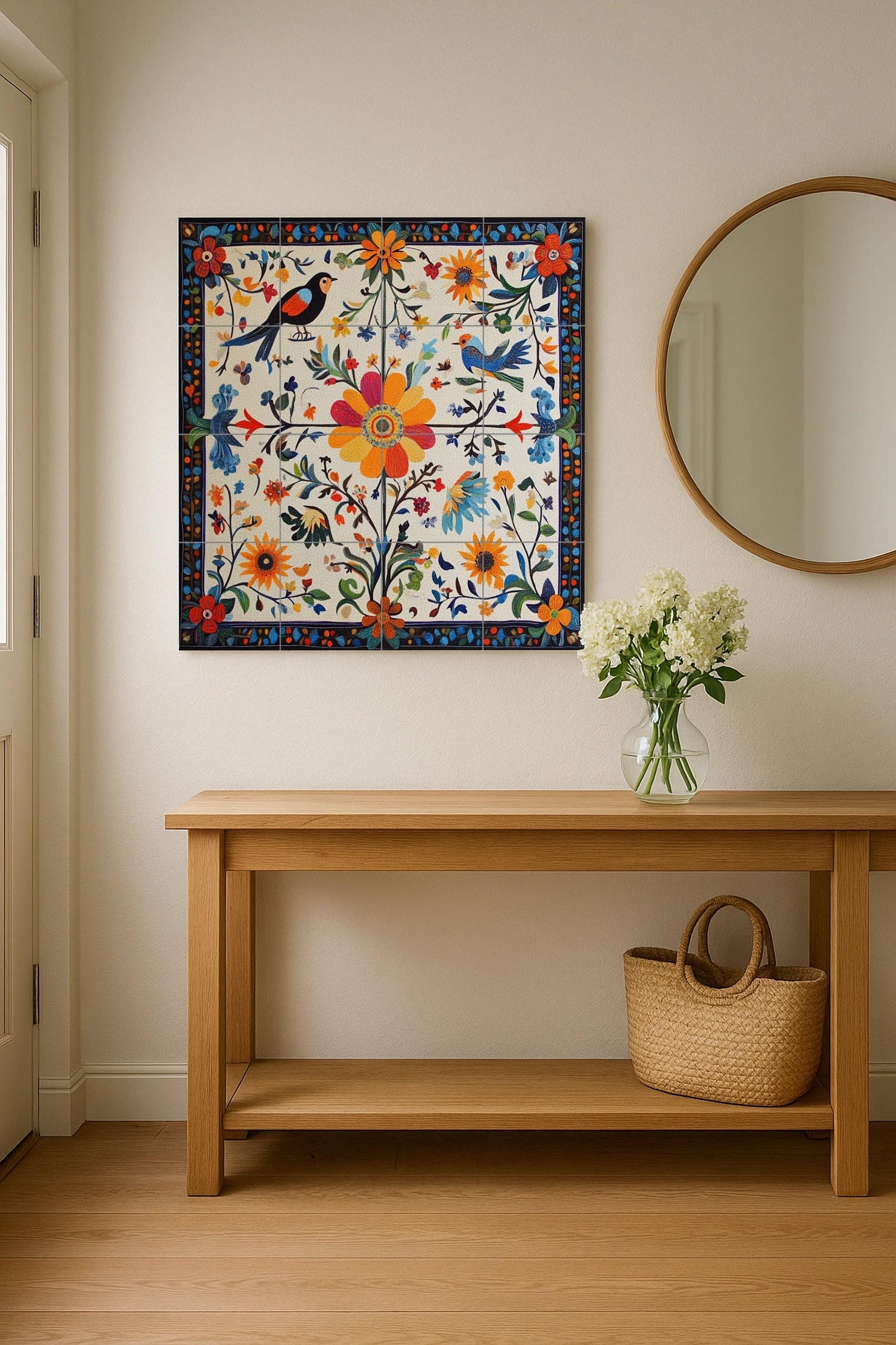 Mural of Polish folk ceramics: floral and bird motifs in the Wycinanki tradition, inspired by the decorative arts of Warsaw and Krakow.