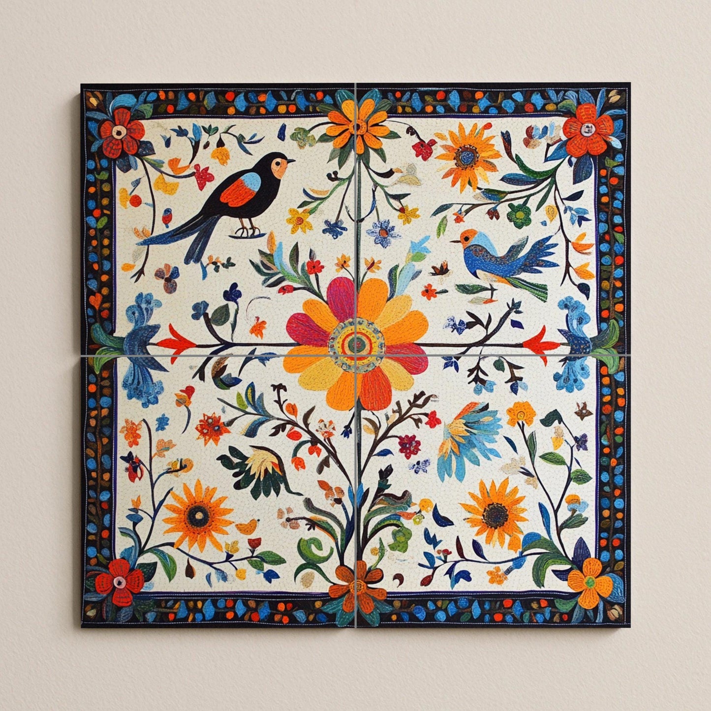 Mural of Polish folk ceramics: floral and bird motifs in the Wycinanki tradition, inspired by the decorative arts of Warsaw and Krakow.
