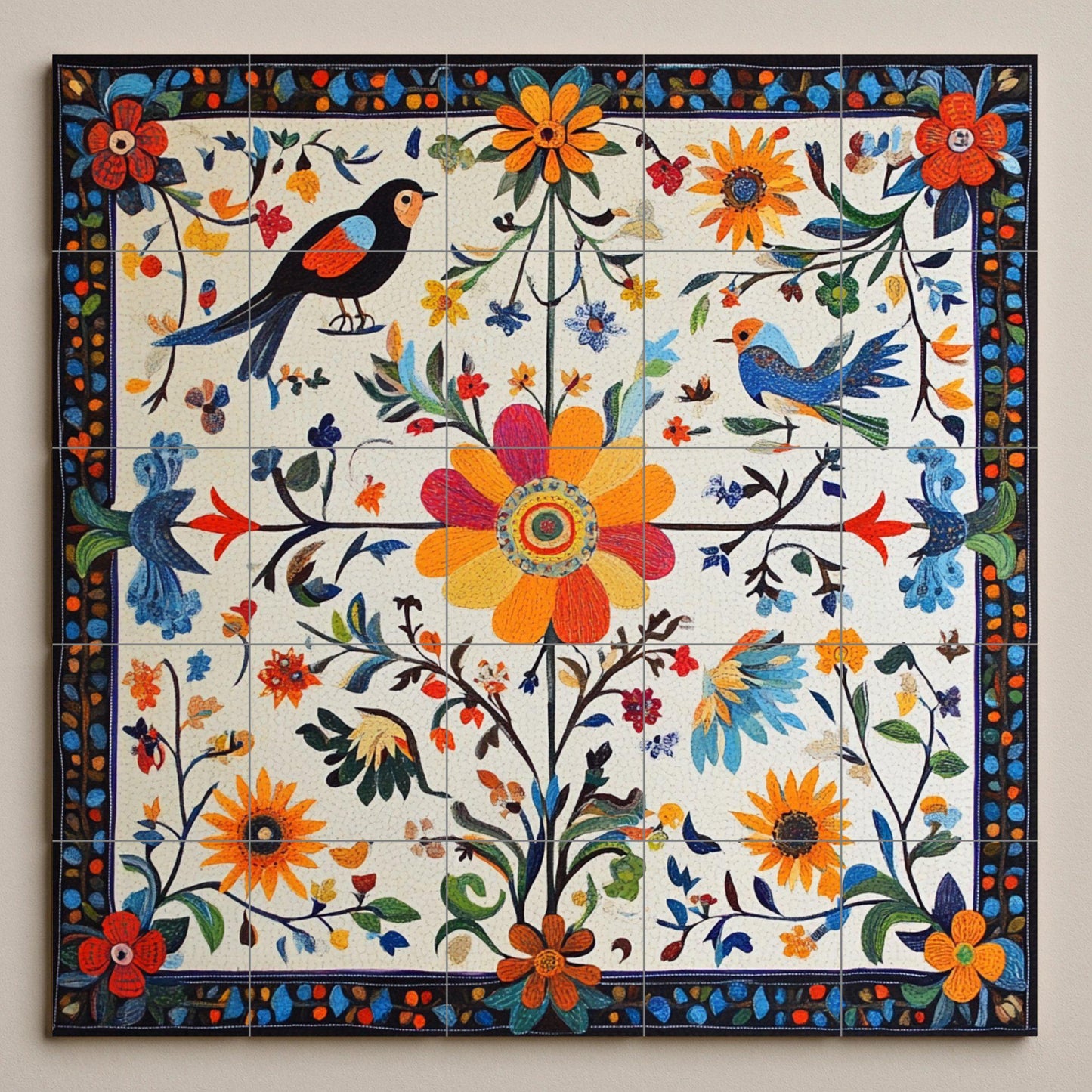 Mural of Polish folk ceramics: floral and bird motifs in the Wycinanki tradition, inspired by the decorative arts of Warsaw and Krakow.