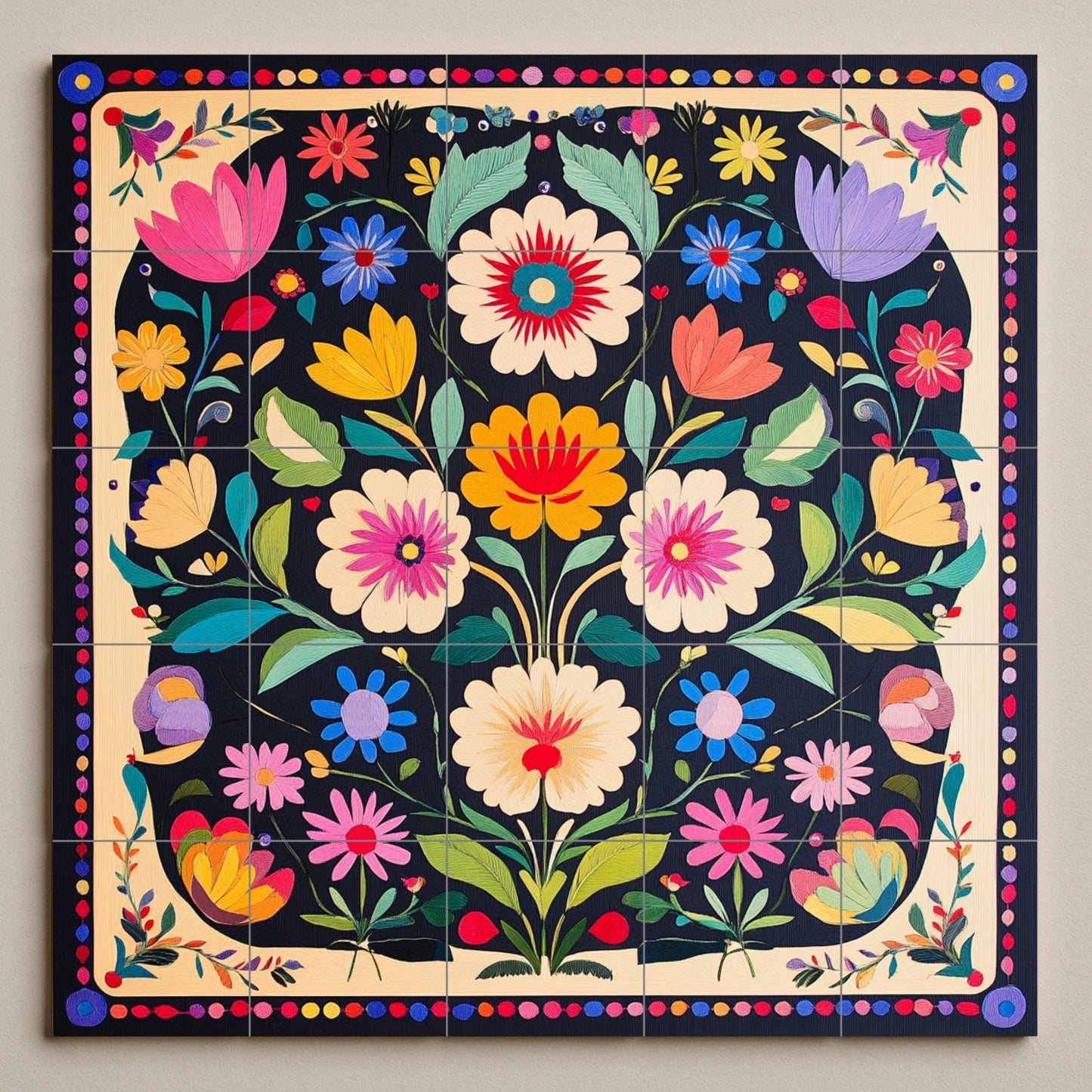Popular Polish ceramic mural Wycinanki: colorful symmetrical floral pattern with tulip border, vibrant decorative tile design.