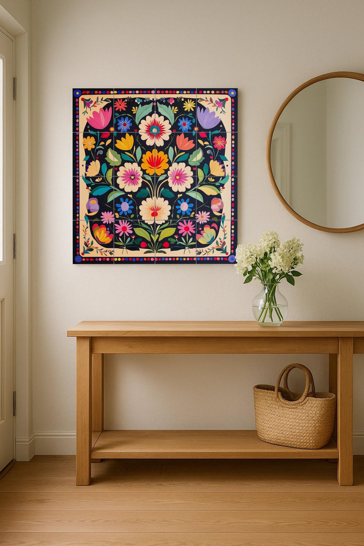 Popular Polish ceramic mural Wycinanki: colorful symmetrical floral pattern with tulip border, vibrant decorative tile design.