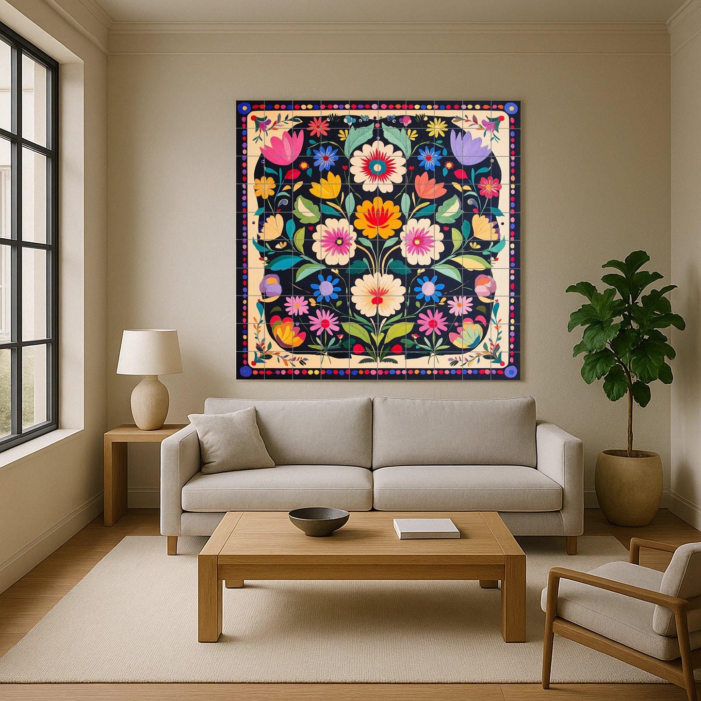 Popular Polish ceramic mural Wycinanki: colorful symmetrical floral pattern with tulip border, vibrant decorative tile design.
