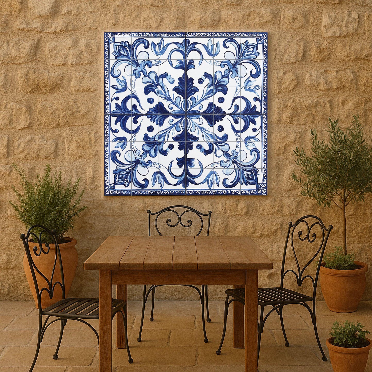 Portuguese tile ceramic mural: classic blue and white floral ornament with filigree border, elegant decorative design.