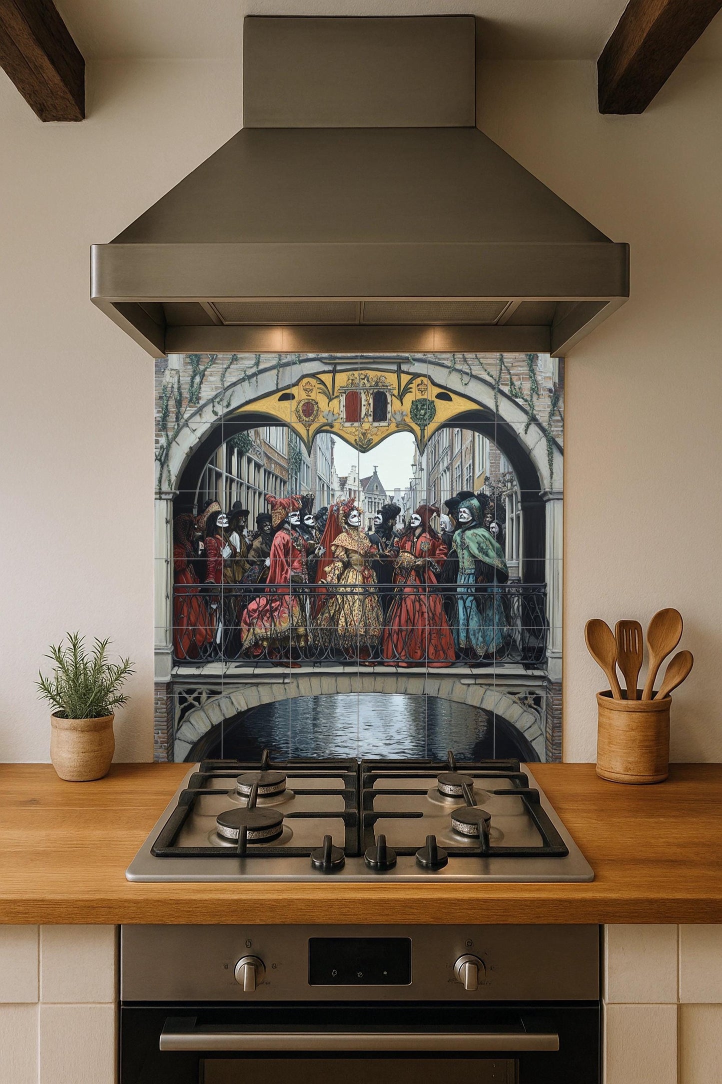 Ceramic mural of the Renaissance Festival Procession: masked figures in ornate costumes crossing a Gothic bridge in medieval style.