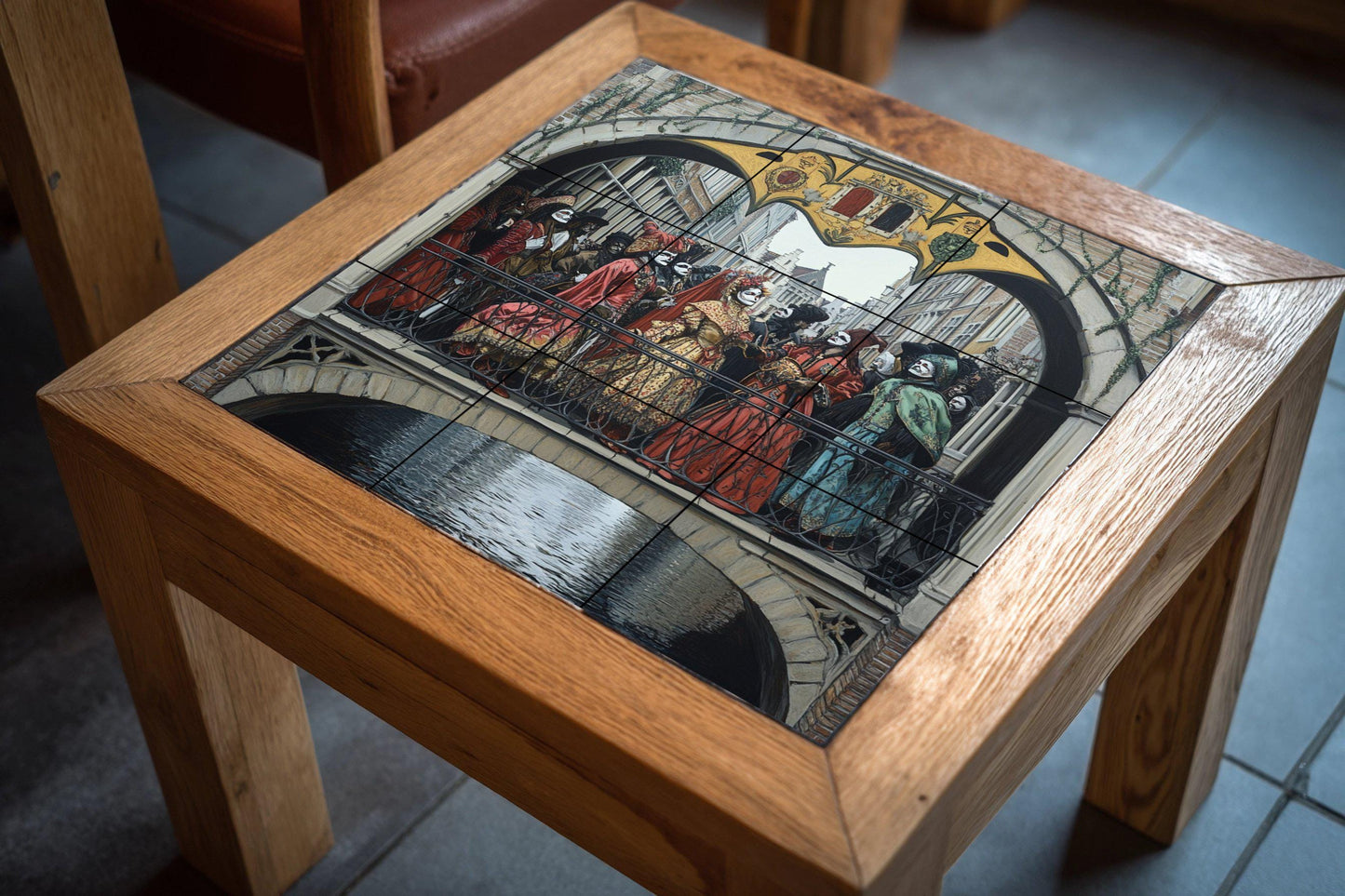 Ceramic mural of the Renaissance Festival Procession: masked figures in ornate costumes crossing a Gothic bridge in medieval style.