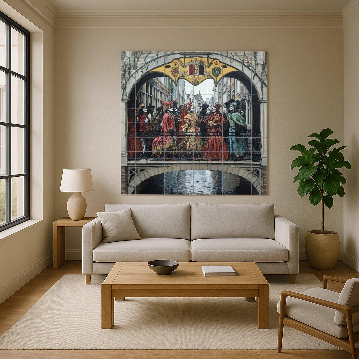 Ceramic mural of the Renaissance Festival Procession: masked figures in ornate costumes crossing a Gothic bridge in medieval style.
