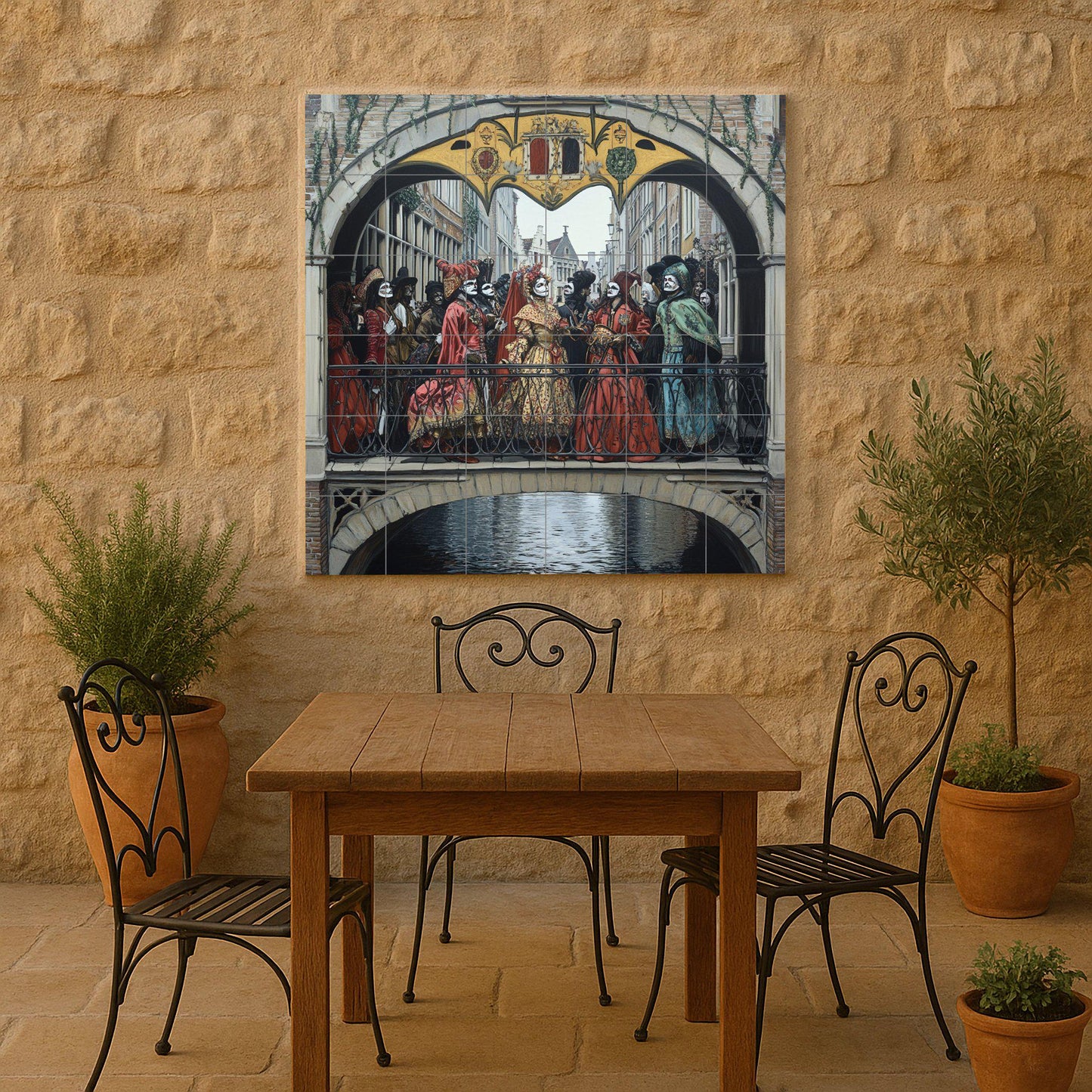 Ceramic mural of the Renaissance Festival Procession: masked figures in ornate costumes crossing a Gothic bridge in medieval style.