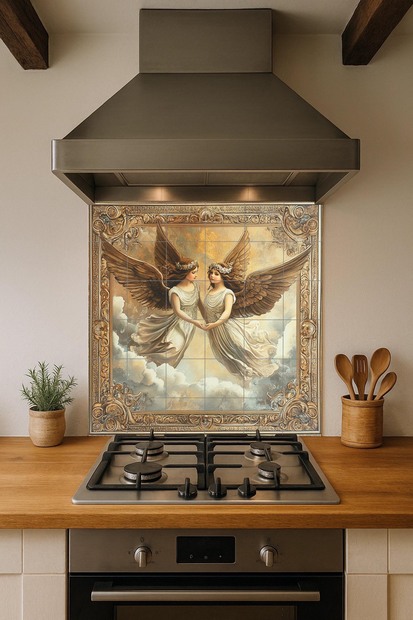 Ceramic mural "Twin Angels": elegant winged figures in an ornate frame, romantic cloud scene, classic and ethereal mural art.
