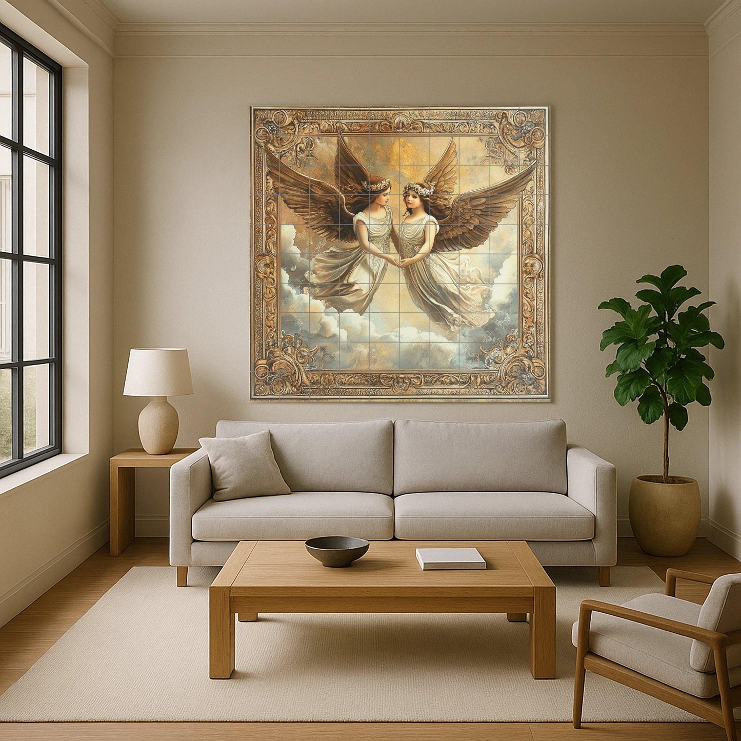 Ceramic mural "Twin Angels": elegant winged figures in an ornate frame, romantic cloud scene, classic and ethereal mural art.