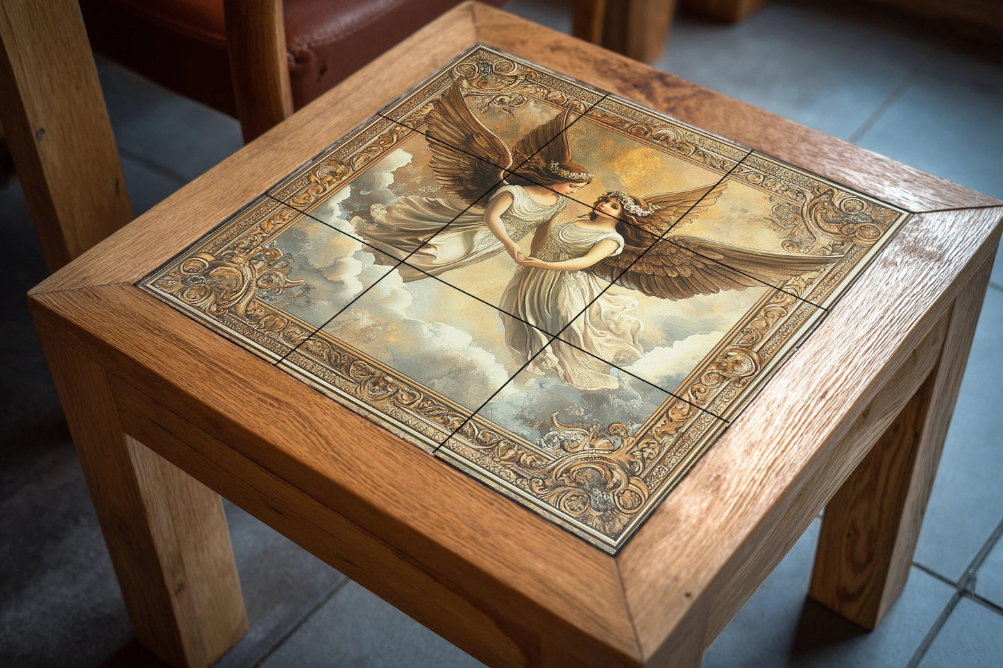 Ceramic mural "Twin Angels": elegant winged figures in an ornate frame, romantic cloud scene, classic and ethereal mural art.