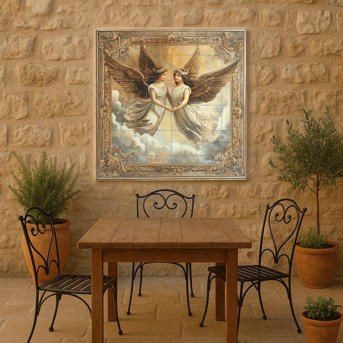Ceramic mural "Twin Angels": elegant winged figures in an ornate frame, romantic cloud scene, classic and ethereal mural art.