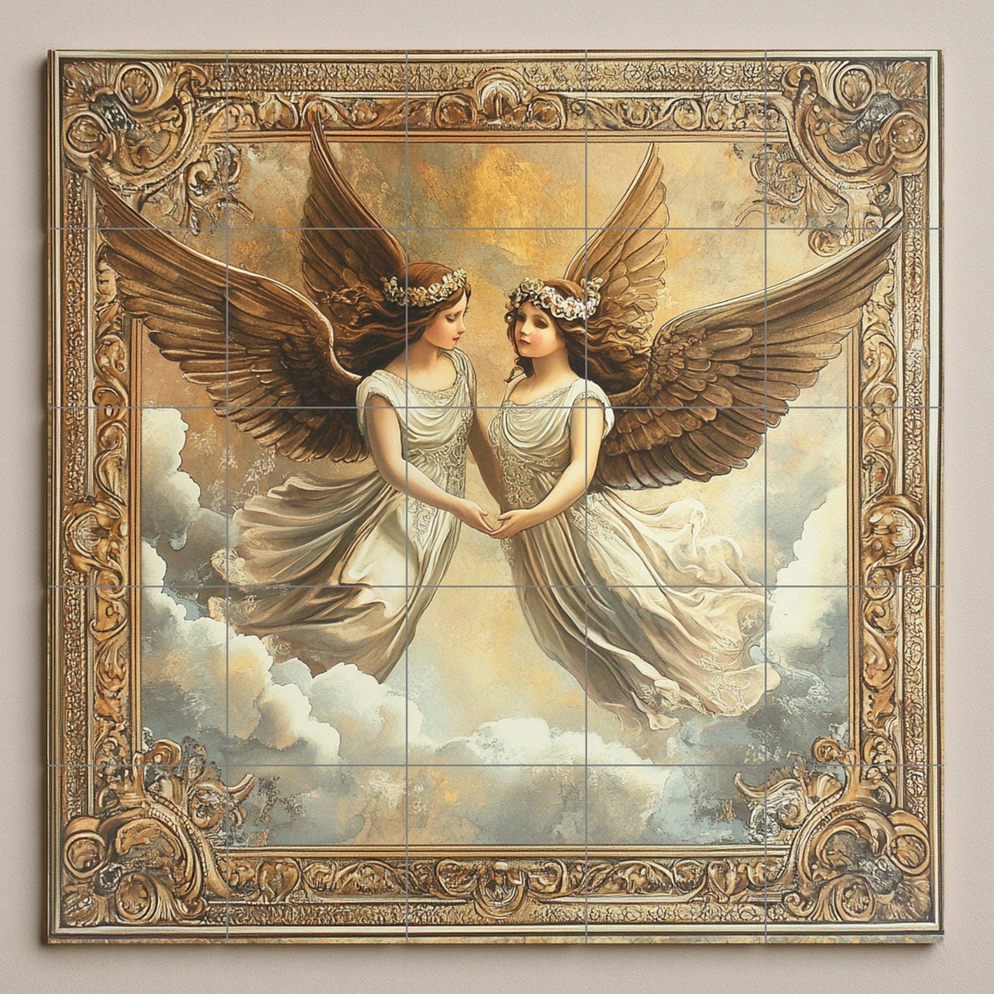 Ceramic mural "Twin Angels": elegant winged figures in an ornate frame, romantic cloud scene, classic and ethereal mural art.