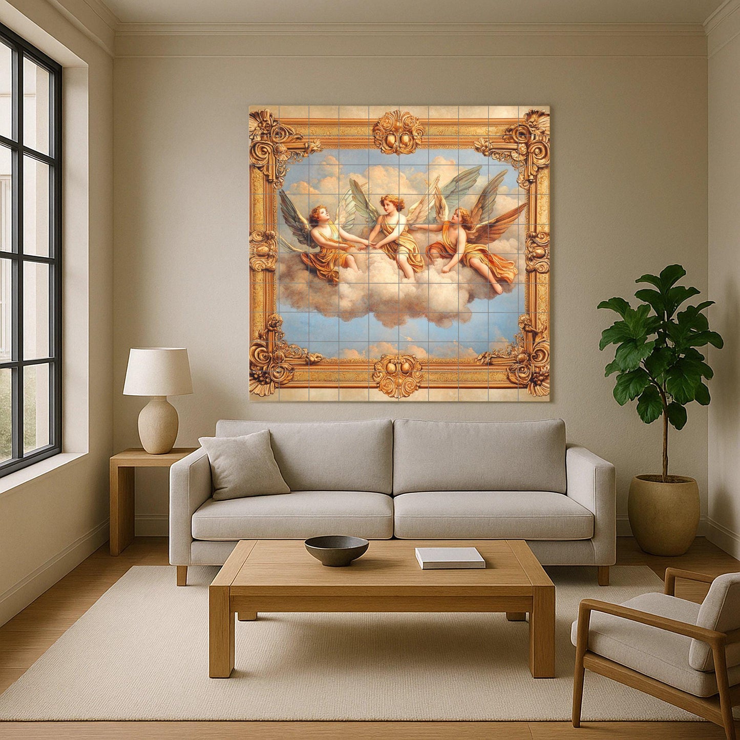 Ceramic mural Celestial Angels: Baroque winged figures on clouds with ornamental gold frame, decorative wall art, timeless cool style.