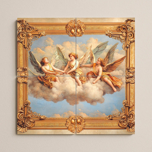 Ceramic mural Celestial Angels: Baroque winged figures on clouds with ornamental gold frame, decorative wall art, timeless cool style.