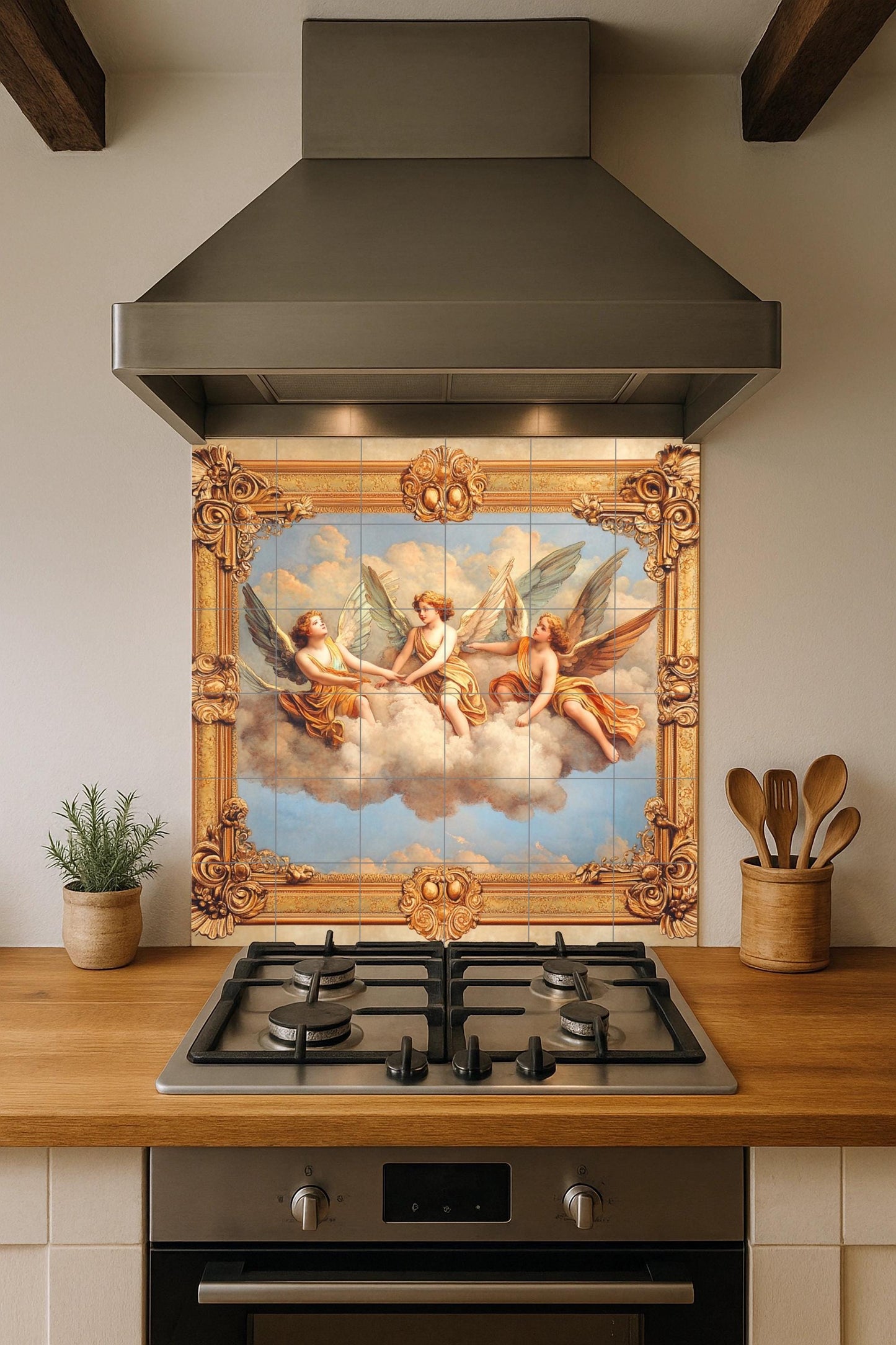 Ceramic mural Celestial Angels: Baroque winged figures on clouds with ornamental gold frame, decorative wall art, timeless cool style.