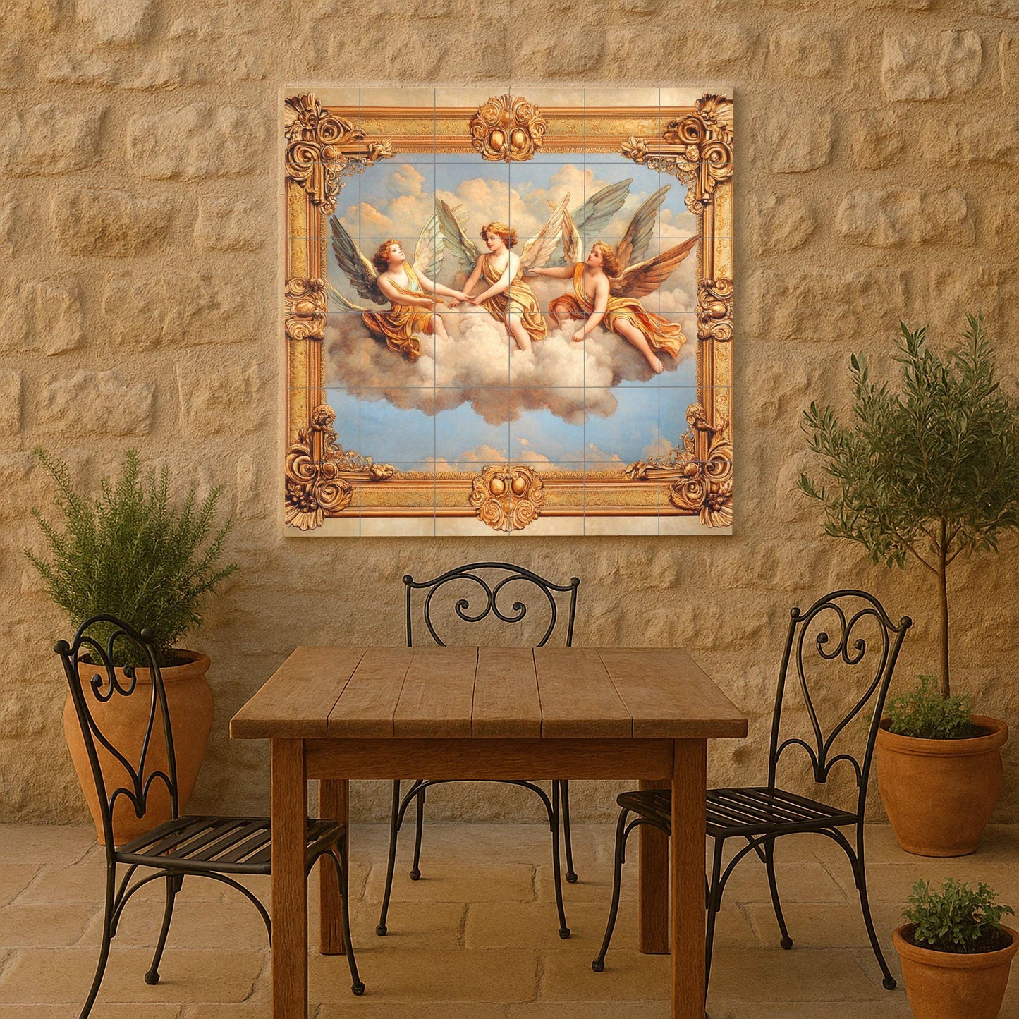 Ceramic mural Celestial Angels: Baroque winged figures on clouds with ornamental gold frame, decorative wall art, timeless cool style.