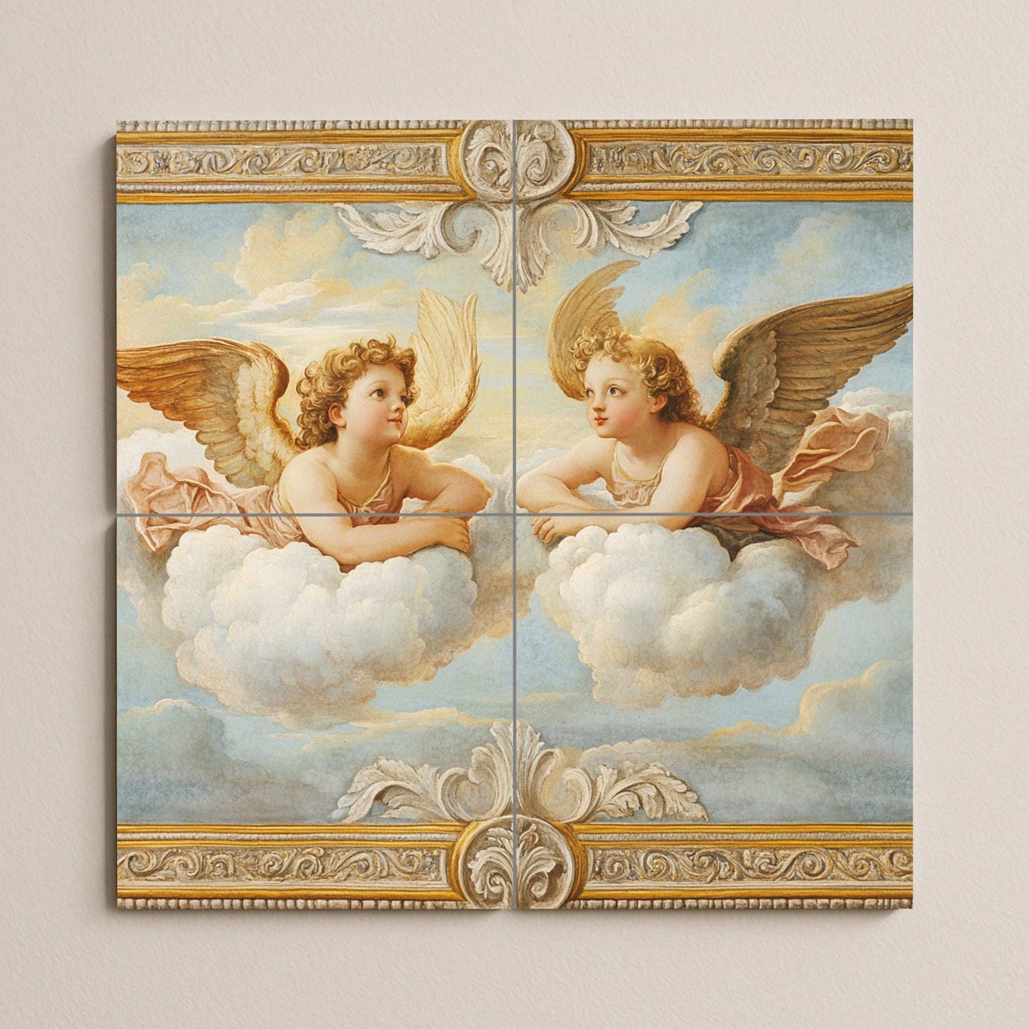Ceramic mural of Renaissance cherub angels, inspired by Raphael's putti, celestial mural art with clouds and a golden frame.