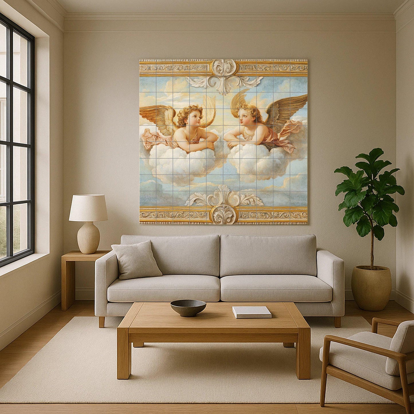 Ceramic mural of Renaissance cherub angels, inspired by Raphael's putti, celestial mural art with clouds and a golden frame.