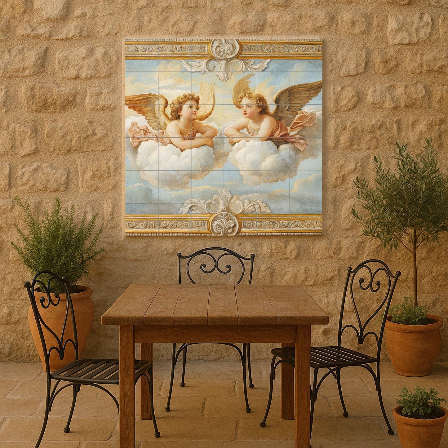 Ceramic mural of Renaissance cherub angels, inspired by Raphael's putti, celestial mural art with clouds and a golden frame.