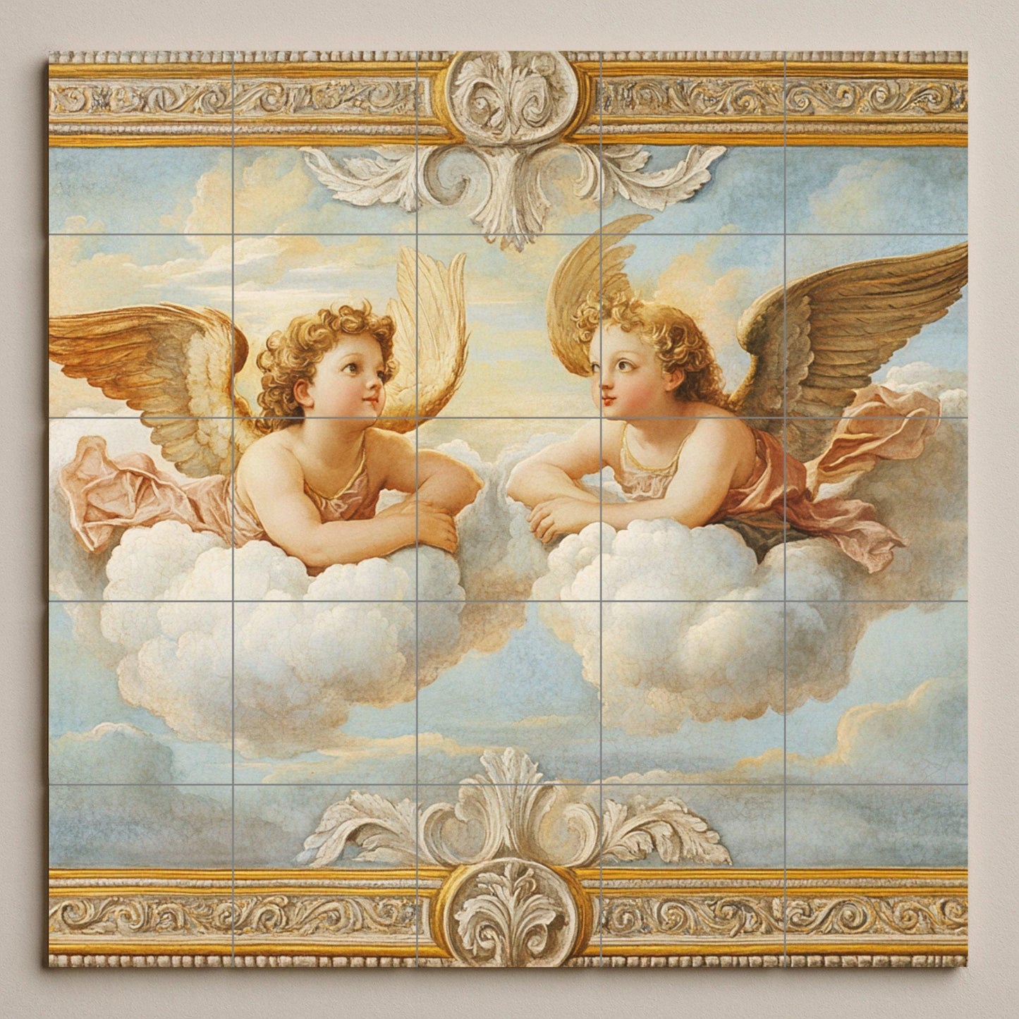 Ceramic mural of Renaissance cherub angels, inspired by Raphael's putti, celestial mural art with clouds and a golden frame.