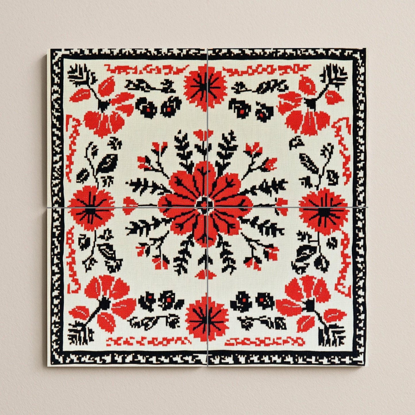 Romanian embroidered mural: floral ceramic mural art in red and black cross stitch with folk vine stitch border, Balkan textile design.