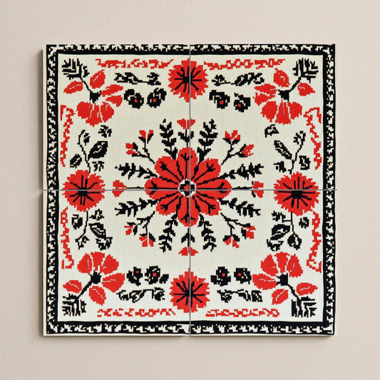 Romanian embroidered mural: floral ceramic mural art in red and black cross stitch with folk vine stitch border, Balkan textile design.