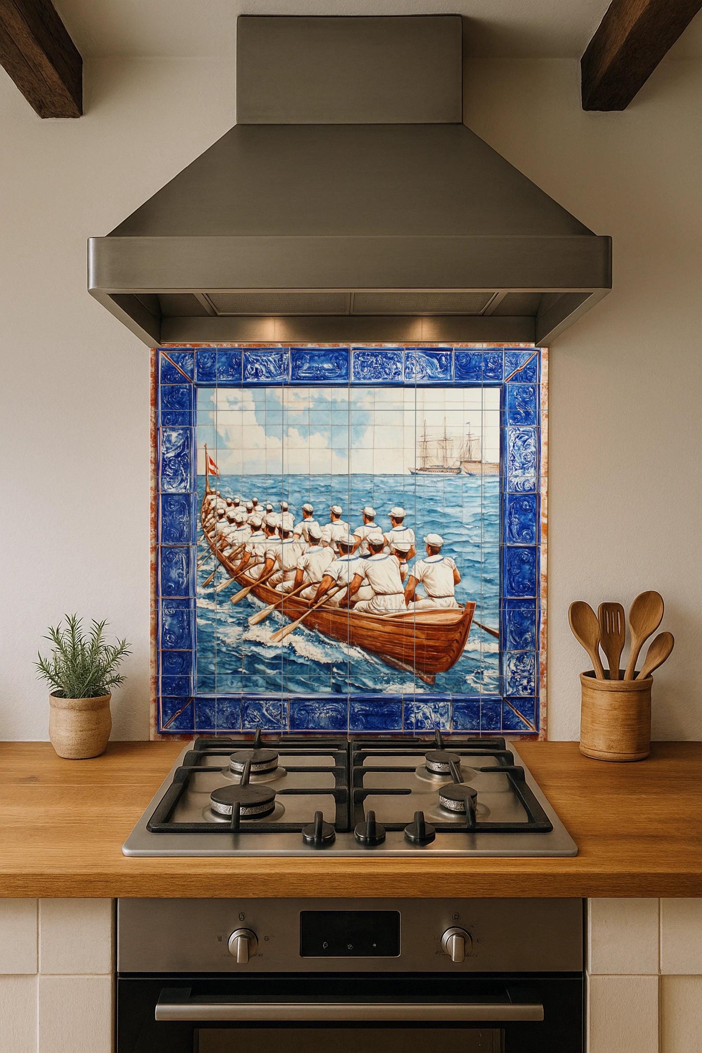 Portuguese tile mural: naval rowing crew at sea with boats, maritime blue tile border, Iberian nautical ceramic mural art