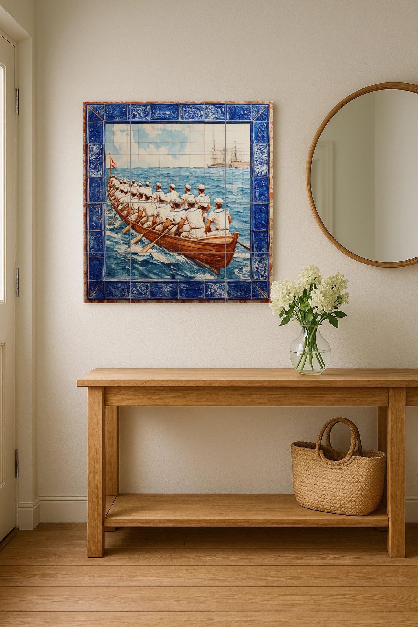 Portuguese tile mural: naval rowing crew at sea with boats, maritime blue tile border, Iberian nautical ceramic mural art