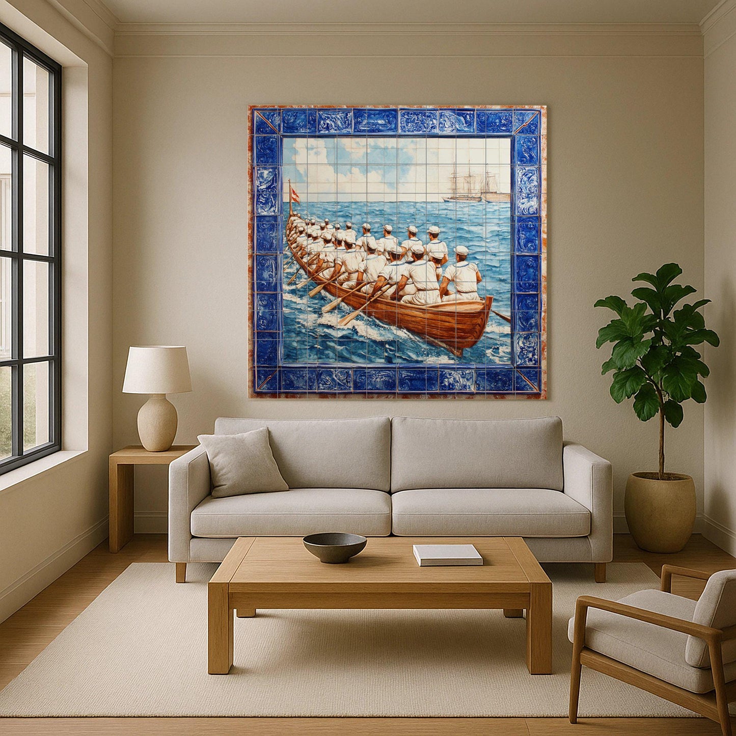 Portuguese tile mural: naval rowing crew at sea with boats, maritime blue tile border, Iberian nautical ceramic mural art