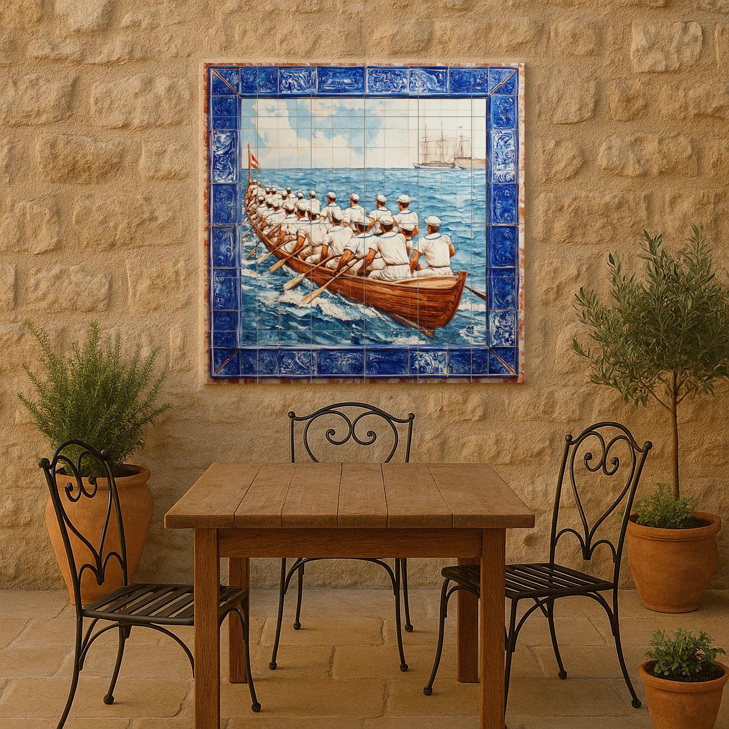 Portuguese tile mural: naval rowing crew at sea with boats, maritime blue tile border, Iberian nautical ceramic mural art