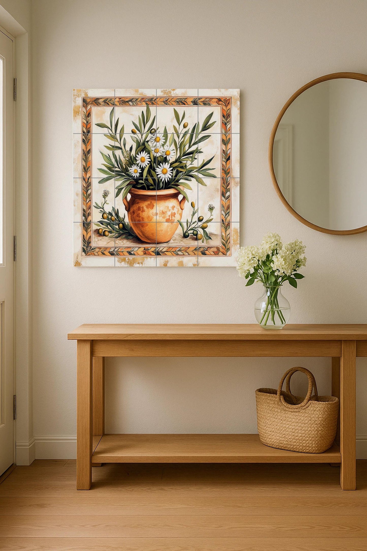 Mediterranean ceramic mural: terracotta vase with olive branches and chamomile, rustic Tuscan Provencal wall art in warm earth tones.