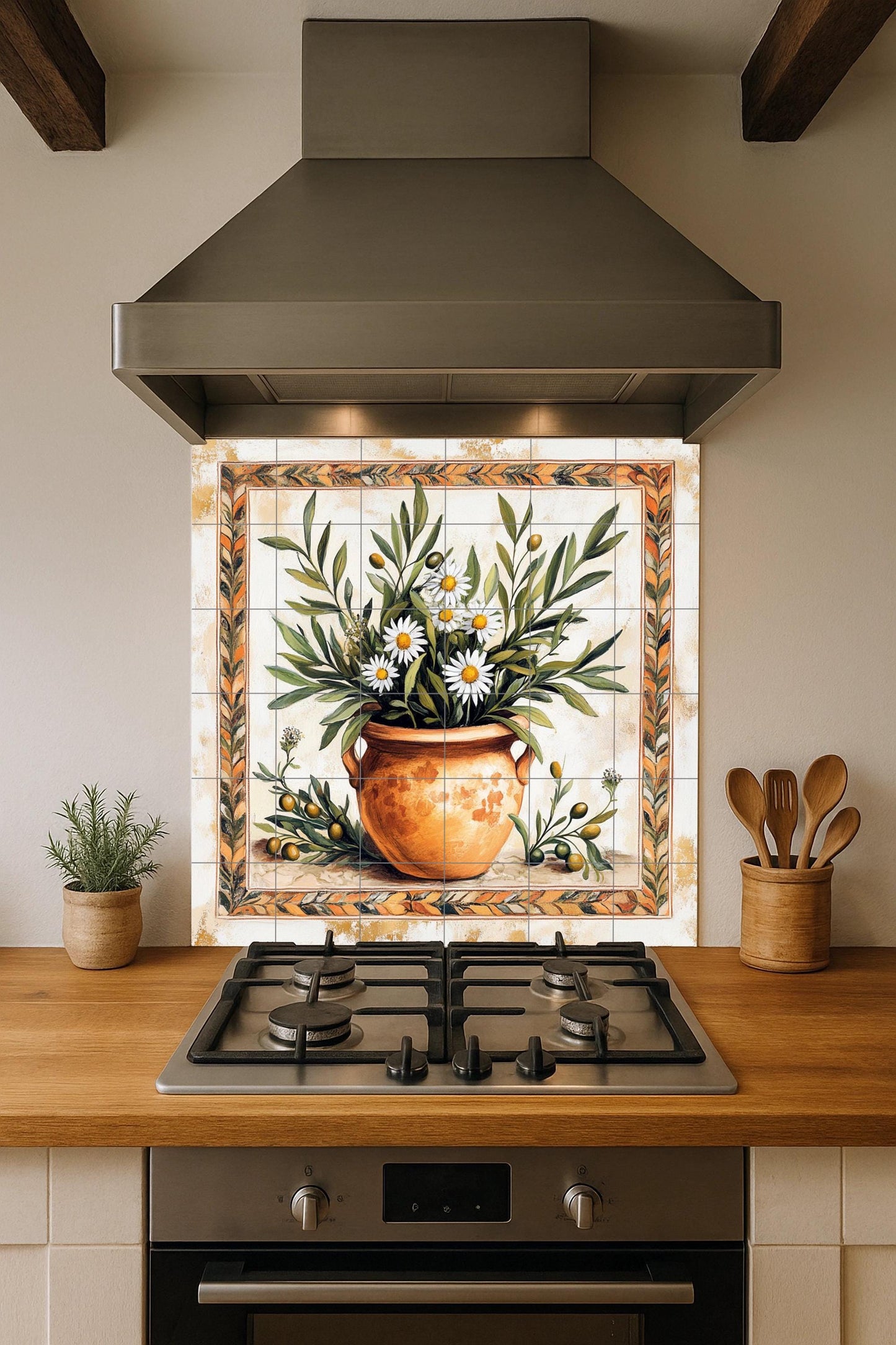 Mediterranean ceramic mural: terracotta vase with olive branches and chamomile, rustic Tuscan Provencal wall art in warm earth tones.