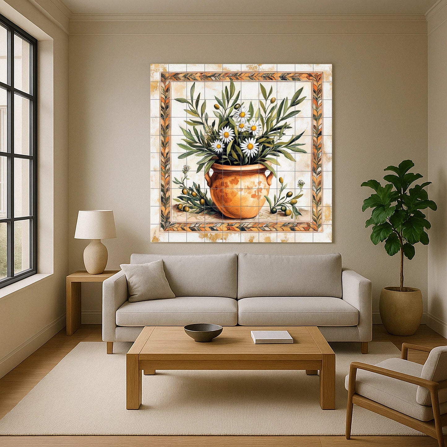Mediterranean ceramic mural: terracotta vase with olive branches and chamomile, rustic Tuscan Provencal wall art in warm earth tones.