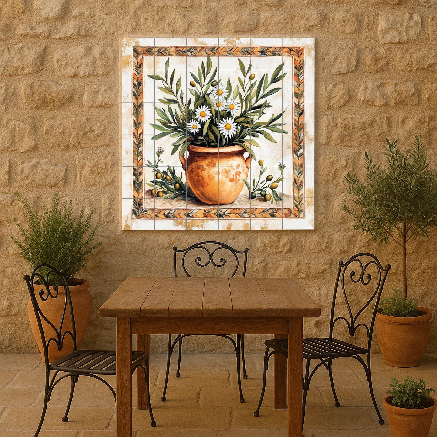 Mediterranean ceramic mural: terracotta vase with olive branches and chamomile, rustic Tuscan Provencal wall art in warm earth tones.