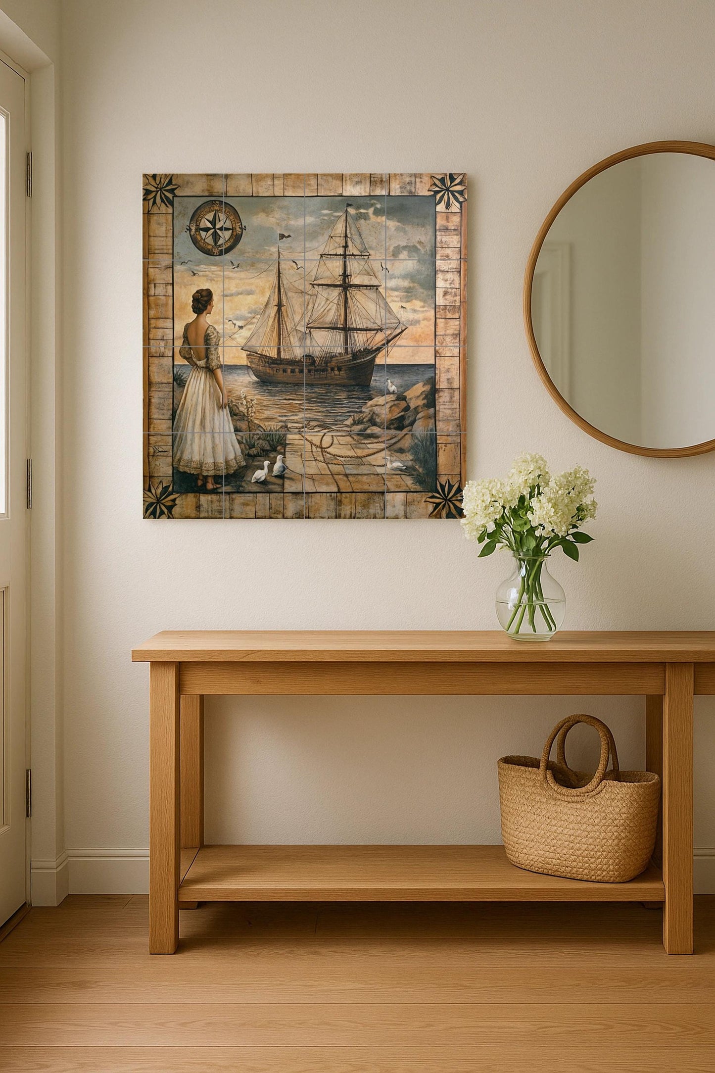 Maritime ceramic mural: woman on the shore with sailboat, compass rose and marine border, vintage style nautical wall art.