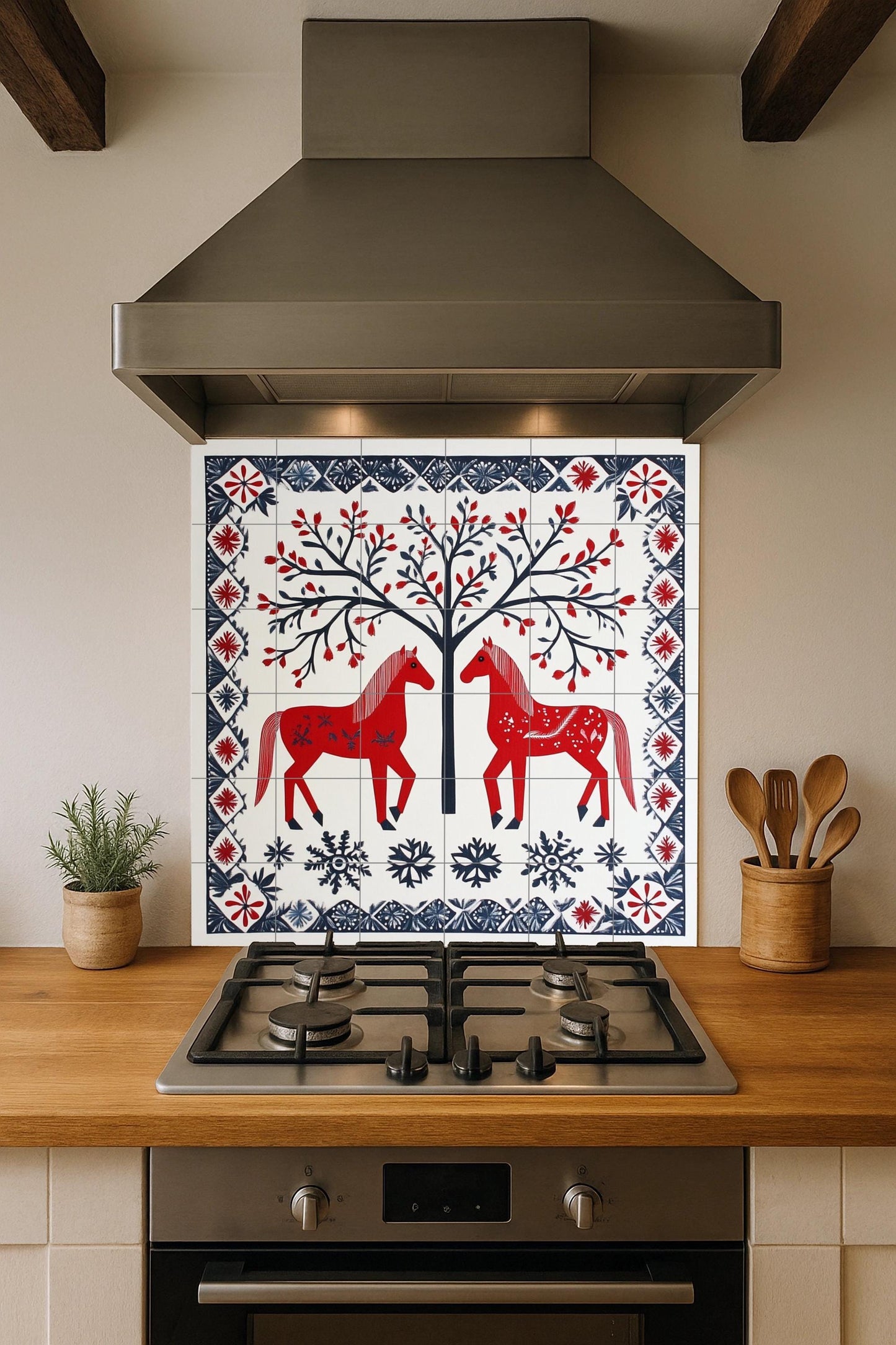 Scandinavian folk ceramic mural: red horses, tree of life, and snowflake border. Nordic decorative art with winter folk charm.