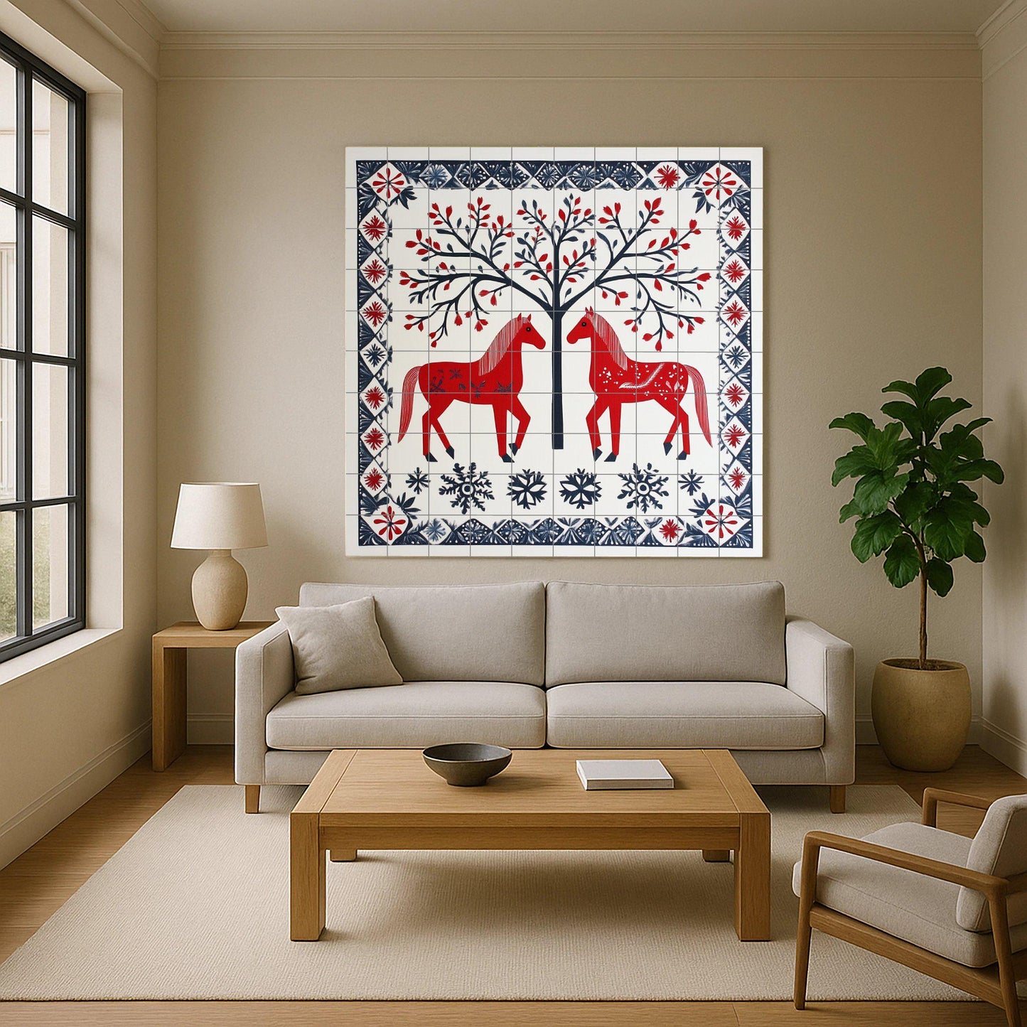 Scandinavian folk ceramic mural: red horses, tree of life, and snowflake border. Nordic decorative art with winter folk charm.