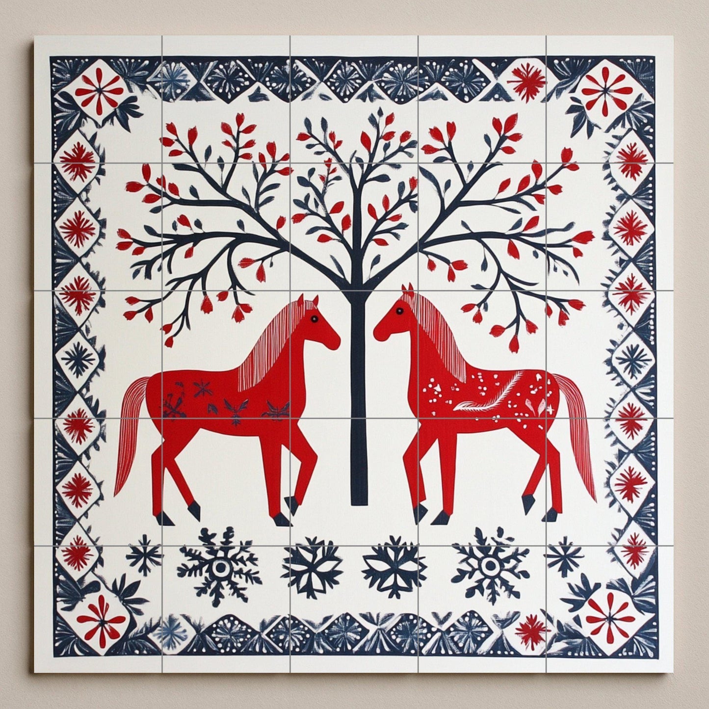 Scandinavian folk ceramic mural: red horses, tree of life, and snowflake border. Nordic decorative art with winter folk charm.