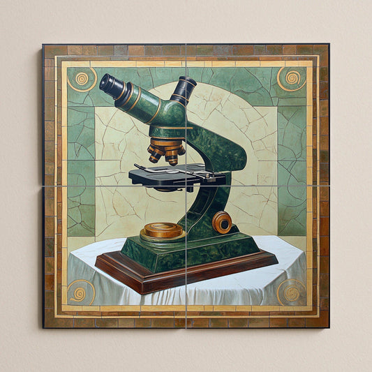 Scientific Microscope Ceramic Mural: Vintage Laboratory Wall Art with Green Patina Finish, Academic Science Inspired Decorative Panel.