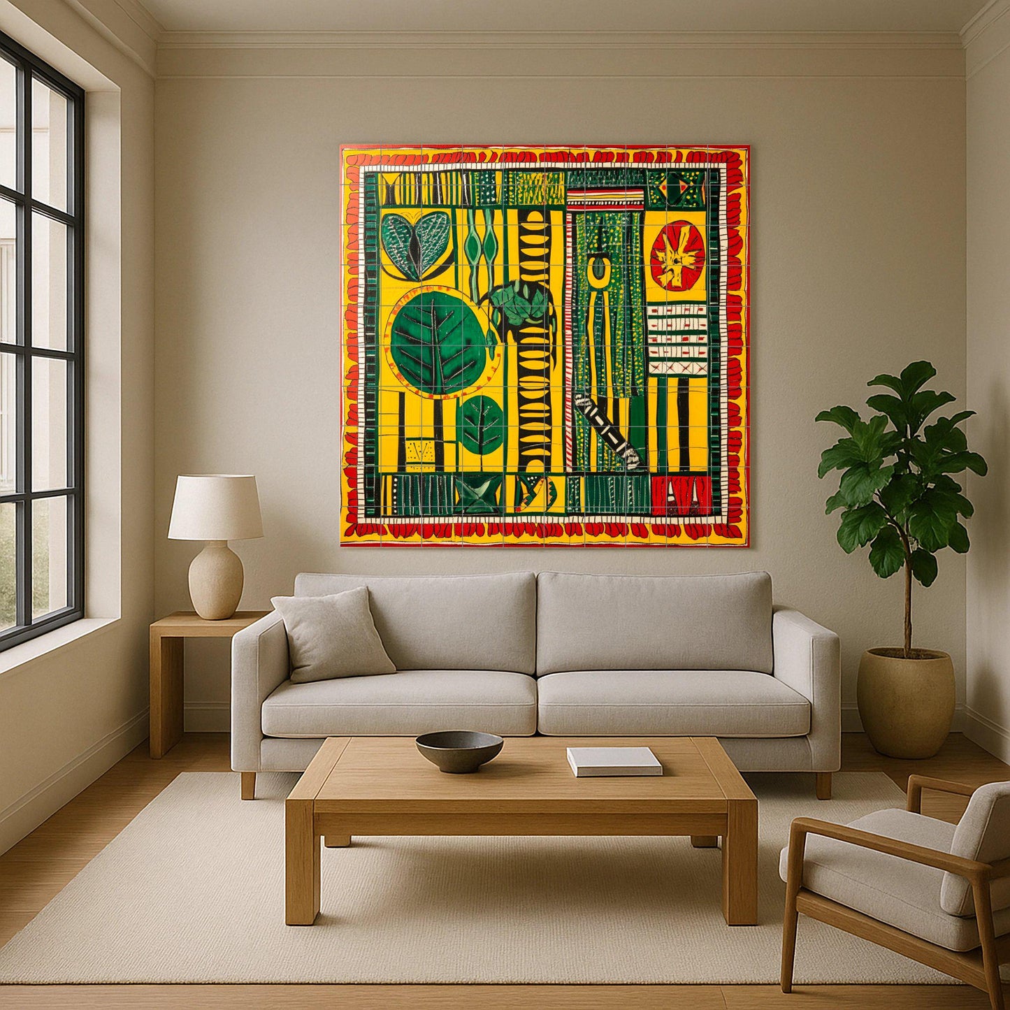 Senegalese wax fabric ceramic mural: African textile-inspired mural art with bold geometric motifs in vibrant yellow, green, and red patterns.